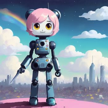 robot with a pink hair holding a knife in front of a cityscape with a rainbow in the sky