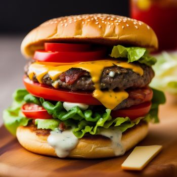 hamburger with cheese and tomatoes on a cutting board with a side of fries and a drink in the background