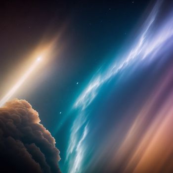 view of a bright blue and orange sky with clouds and stars in the background and a bright orange and blue streak