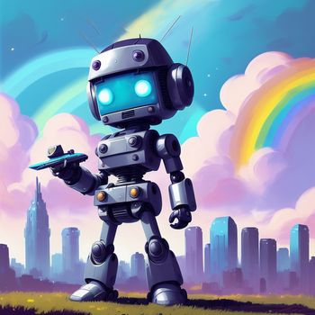 robot holding a piece of paper in his hand in front of a cityscape with a rainbow in the background