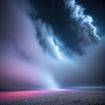 cloud is in the sky above a beach and a body of water with a pink light in the middle