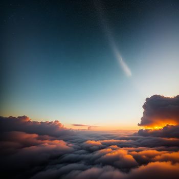 view of a sunset from a plane window with clouds below it and a bright star in the sky