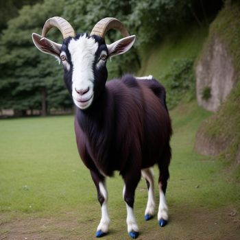 goat with horns standing on a grass covered field next to a forest area with trees and bushes in the background