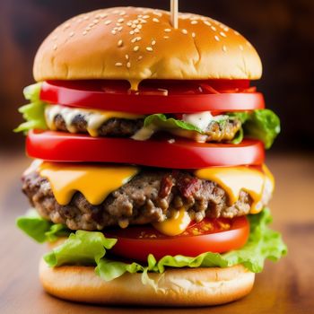 hamburger with cheese and tomatoes on a wooden table with a toothpick in it's mouth