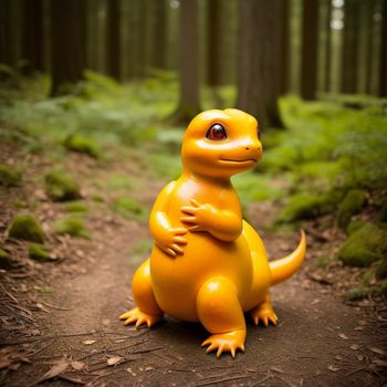 yellow toy dinosaur sitting on a dirt path in a forest with green ferns and trees in the background