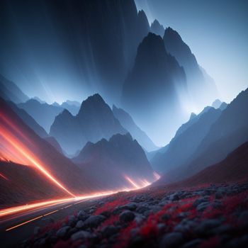 mountain range with a road going through it at night time with a bright light streaking through the sky