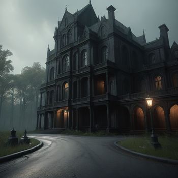 creepy looking house with a light on in the dark night time with fog and foggy skies above