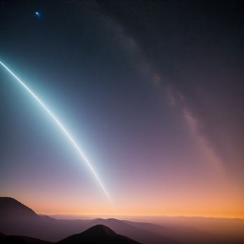 long line of light is seen in the sky above a mountain range at night time with a bright orange glow