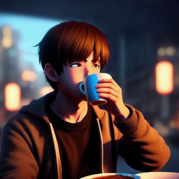 boy drinking a cup of coffee while sitting at a table in a city at night time with a cake in front of him