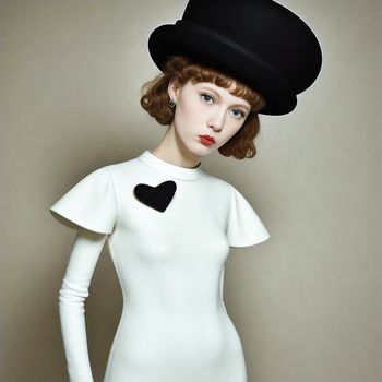 woman in a white dress and black hat with a heart on it's chest and a black hat on her head