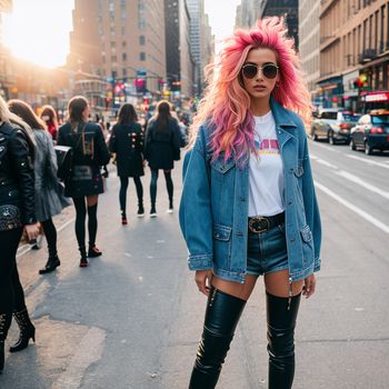 woman with pink hair and black boots on a city street with people walking around her and a blue jean jacket