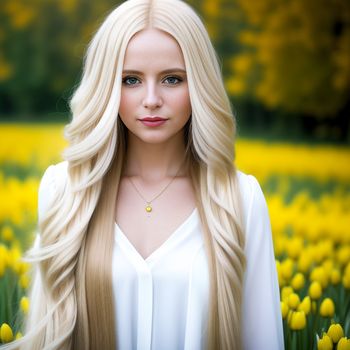 woman with long blonde hair standing in a field of flowers with a necklace on her neck and a yellow flower in her hair
