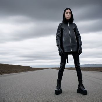 woman in a black leather jacket and boots standing on a road with a cloudy sky in the background