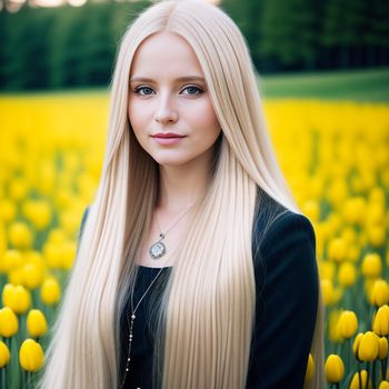 woman with long blonde hair standing in a field of yellow flowers with a necklace on her neck and a black top