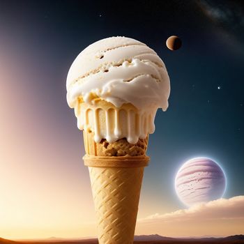 giant ice cream cone with a planet in the background and a distant object in the sky above it