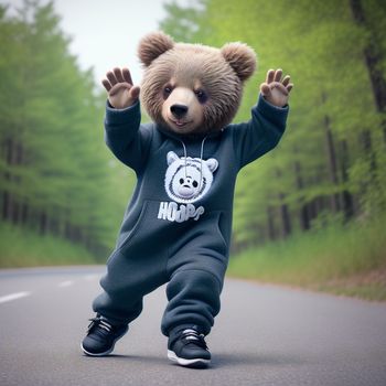 teddy bear is standing on a road with his arms in the air and his head in the air