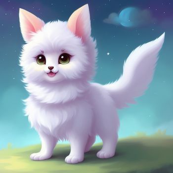 white cat with green eyes standing on a hill at night with stars in the sky behind it and a moon in the sky