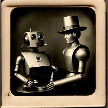 robot and a man in a top hat sitting next to each other in a square frame with a black and white background