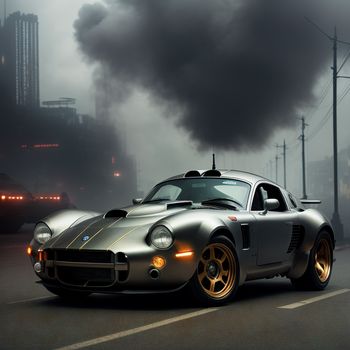 silver sports car driving down a street with a black smoke stack in the background and a train on the tracks