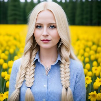 blonde woman with long braids standing in a field of flowers with yellow flowers in the background and a blue shirt on