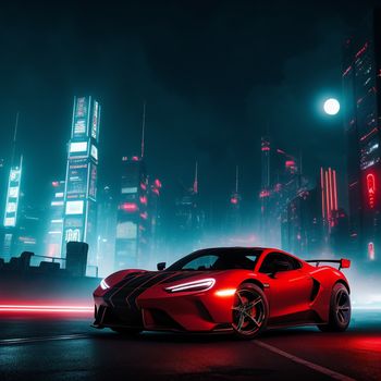 red sports car driving through a city at night with neon lights on the buildings and the street lights