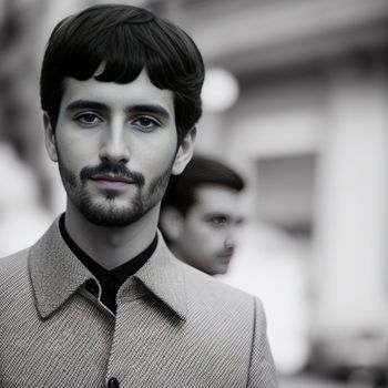 man with a beard and a tie on a street corner with another man in the background wearing a suit