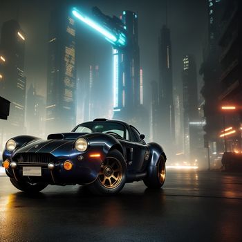 car is parked in a city at night time with lights on the buildings and a city street in the background