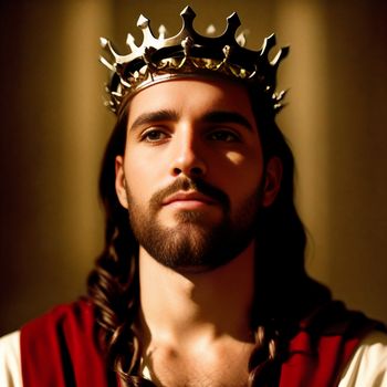 man with a crown on his head and a red shirt on his chest and a red vest on