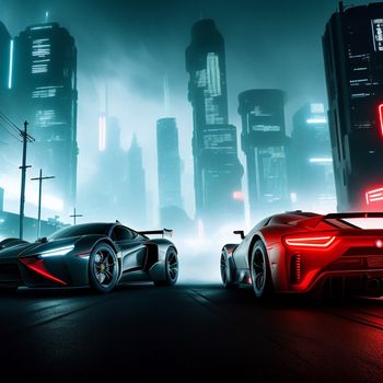 two cars in a city at night with neon lights on the buildings and the city lights in the background