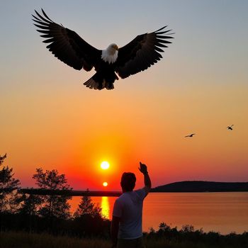 man is flying a bird at sunset with the sun setting in the background and birds flying in the sky