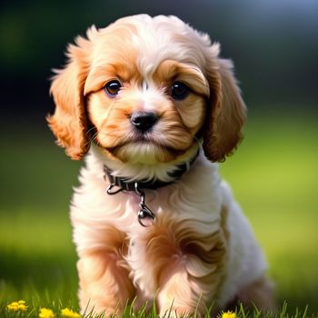 small puppy sitting in the grass with a collar on it's neck and eyes closed