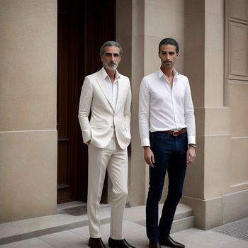 two men in suits standing next to each other on a sidewalk in front of a building with a door