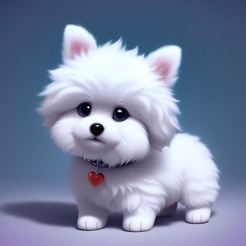 white dog with a red heart on its collar sitting down on a blue background with a blue background