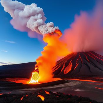 large plume of smoke rising from a volcano in the sky above a road and a road with a car