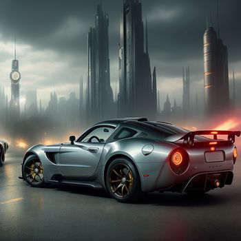 two cars in a city with a clock tower in the background and a dark sky with clouds and buildings