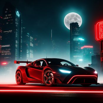 red sports car parked in a city at night with a full moon in the background and a neon sign