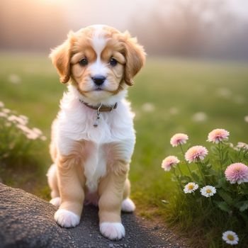 puppy sitting in the grass with flowers in the background and a sun shining on the grass behind it