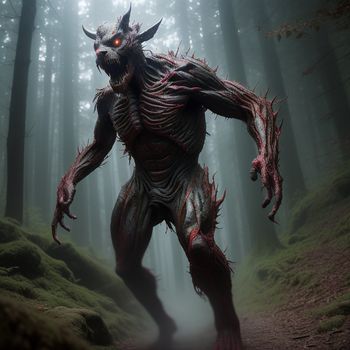 creature with horns and horns in the woods with fog and trees behind it