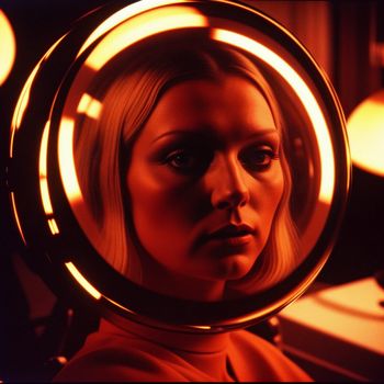 woman with a magnifying glass on her head looking into the camera with a serious look on her face