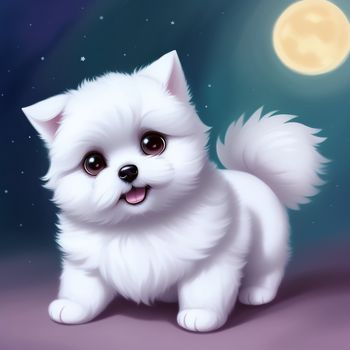 white dog sitting on top of a purple floor next to a full moon and stars filled sky with stars