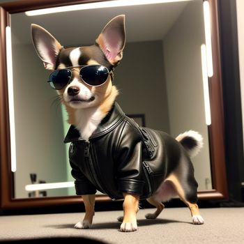 small dog wearing a leather jacket and sunglasses standing in front of a mirror with its paws on the ground