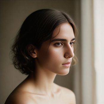 woman with a short hair and a white shirt looking out a window at the camera with a serious look on her face