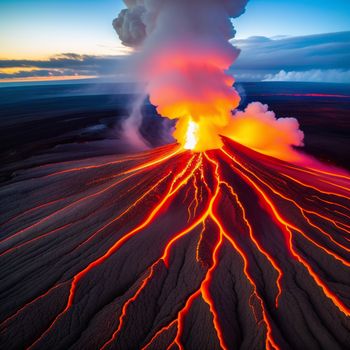 volcano with a large plume of lava and lava pouring out of it's sides and a bright orange glow