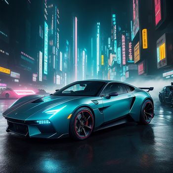 blue sports car in a city at night with neon lights on the buildings and the street lights in the background