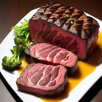 plate of meat and broccoli on a table with a brown table cloth and a wooden table