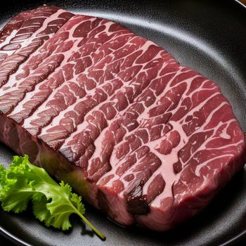 piece of raw meat sitting on top of a pan next to a green leafy plant on a table