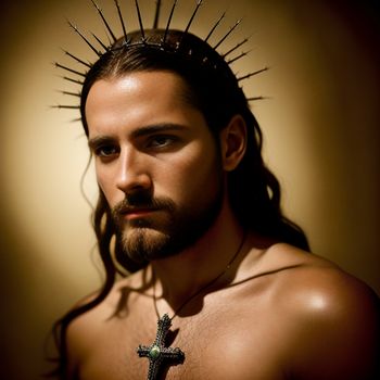 man with a cross and crown of spikes on his head is photographed in a photo studio with a neutral background