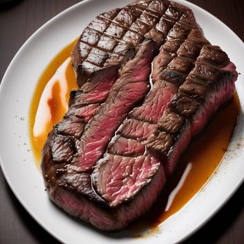 steak is on a plate with sauce on the side of it and a fork in the middle of the plate