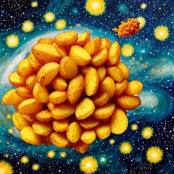 painting of a bunch of potatoes in the middle of a space with stars in the background and a small orange object in the middle