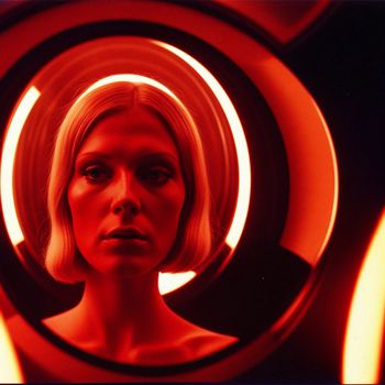 woman with blonde hair looking into a mirror with a red light behind her and a circular light behind her